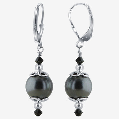 .925 Sterling Silver Drop Earrings with Faux Pearl and Bicone Austrian Crystals