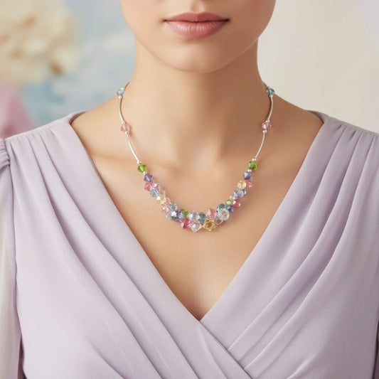 Multicolor Austrian Crystal Cluster Necklace 925 Sterling Silver Statement Jewelry for Women