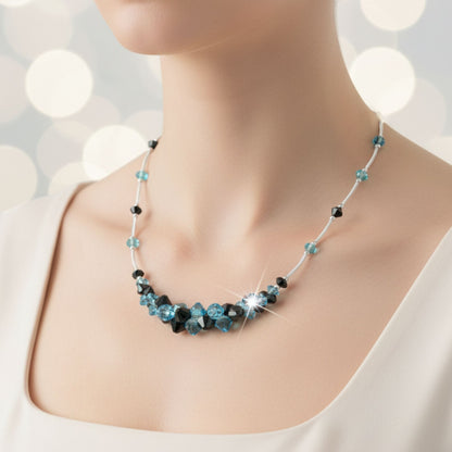 Black and Blue Austrian Crystal Necklace 16 Inch 925 Sterling Silver with Clasp