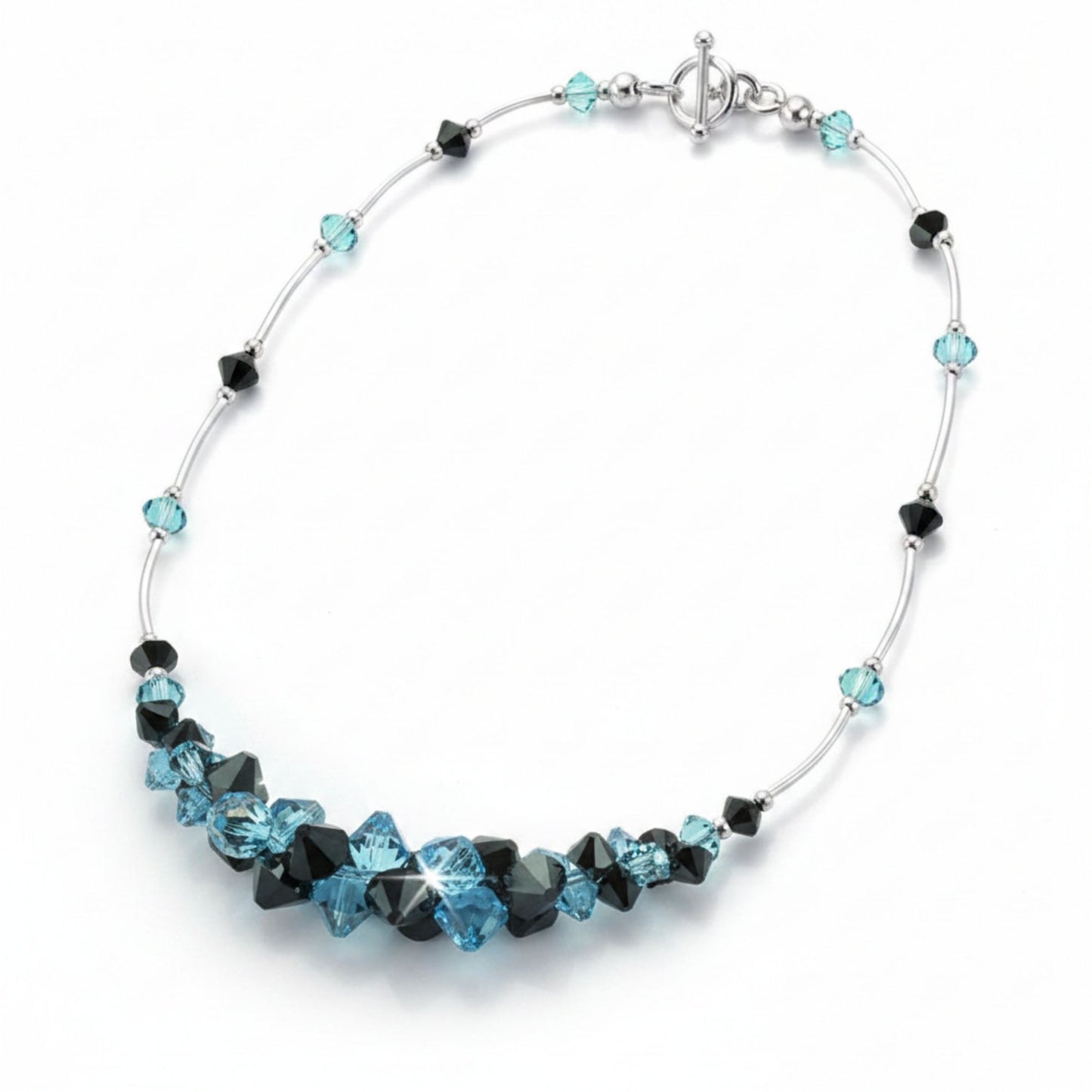 Black and Blue Austrian Crystal Necklace 16 Inch 925 Sterling Silver with Clasp