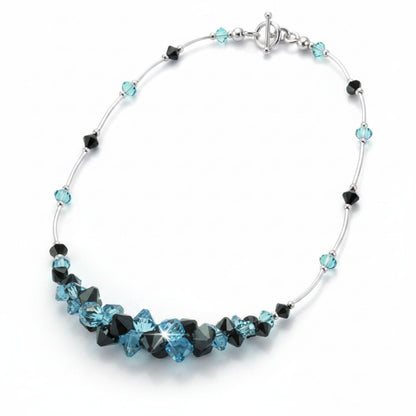 Black and Blue Austrian Crystal Necklace 16 Inch 925 Sterling Silver with Clasp