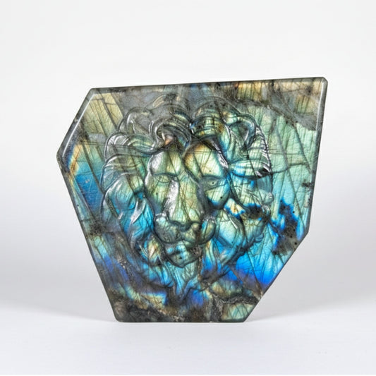 Labradorite Lion Sculpture Hand-Carved Gemstone with Blue Fire Flash - RAN572