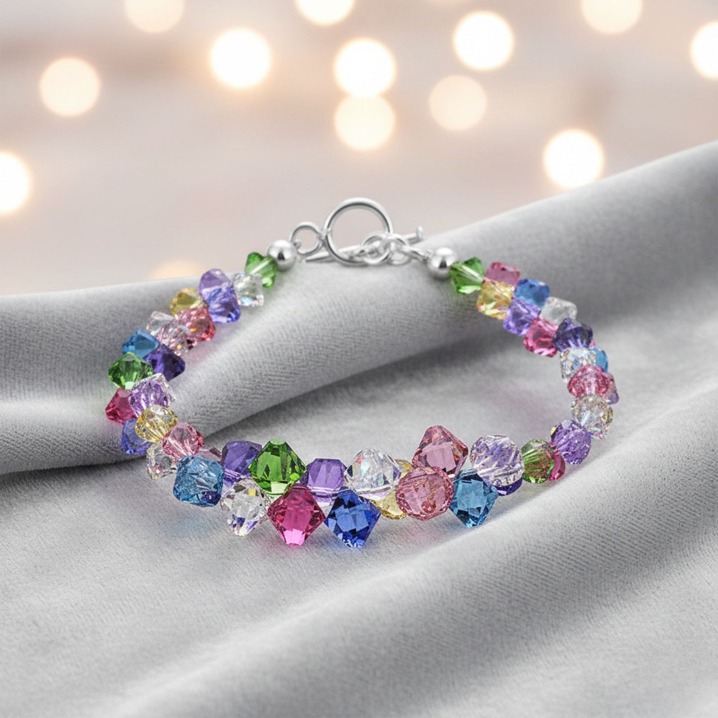 .925 Sterling Silver 7.5-Inch Bracelet with Cluster Bicone Austrian Crystals Elegant Women’s Jewelry