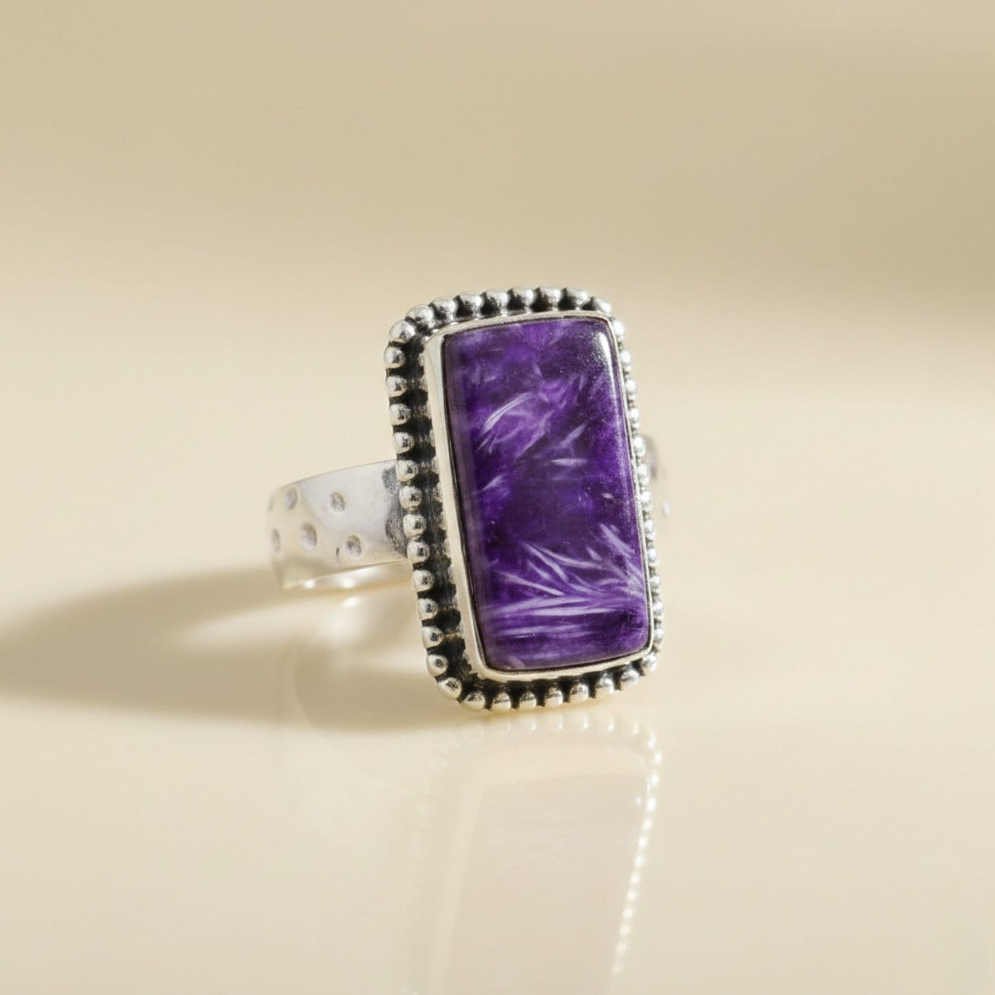 925 Sterling Silver Rectangular Charoite Gemstone Ring Handmade Boho-Vintage Jewelry - GR572