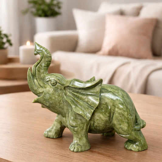 Hand-Carved Nephrite Jade Elephant  Natural Crystal Gemstone Figurine for Healing, Feng Shui, Prosperity & Home Decor - RAN499