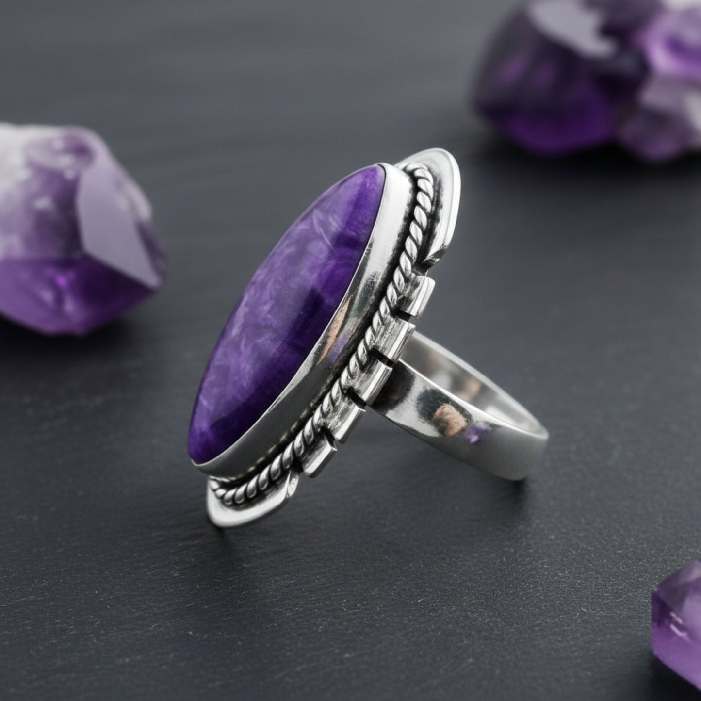 925 Sterling Silver Marquise Charoite Gemstone Ring Handmade Boho Vintage Statement Jewelry Gift for Women - GR569