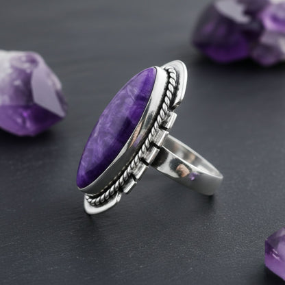 925 Sterling Silver Marquise Charoite Gemstone Ring Handmade Boho Vintage Statement Jewelry Gift for Women - GR569
