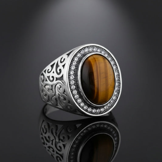 925 Sterling Silver Oval Tiger Eye Gemstone Ring Handmade Boho Vintage Statement Jewelry Gift for Women - GR571