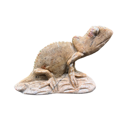 Natural Serpentine Chameleon Gemstone Figurine – Hand-Carved Crystal Animal Statue for Home Décor, Collectible Healing Stone Sculpture-RAN486