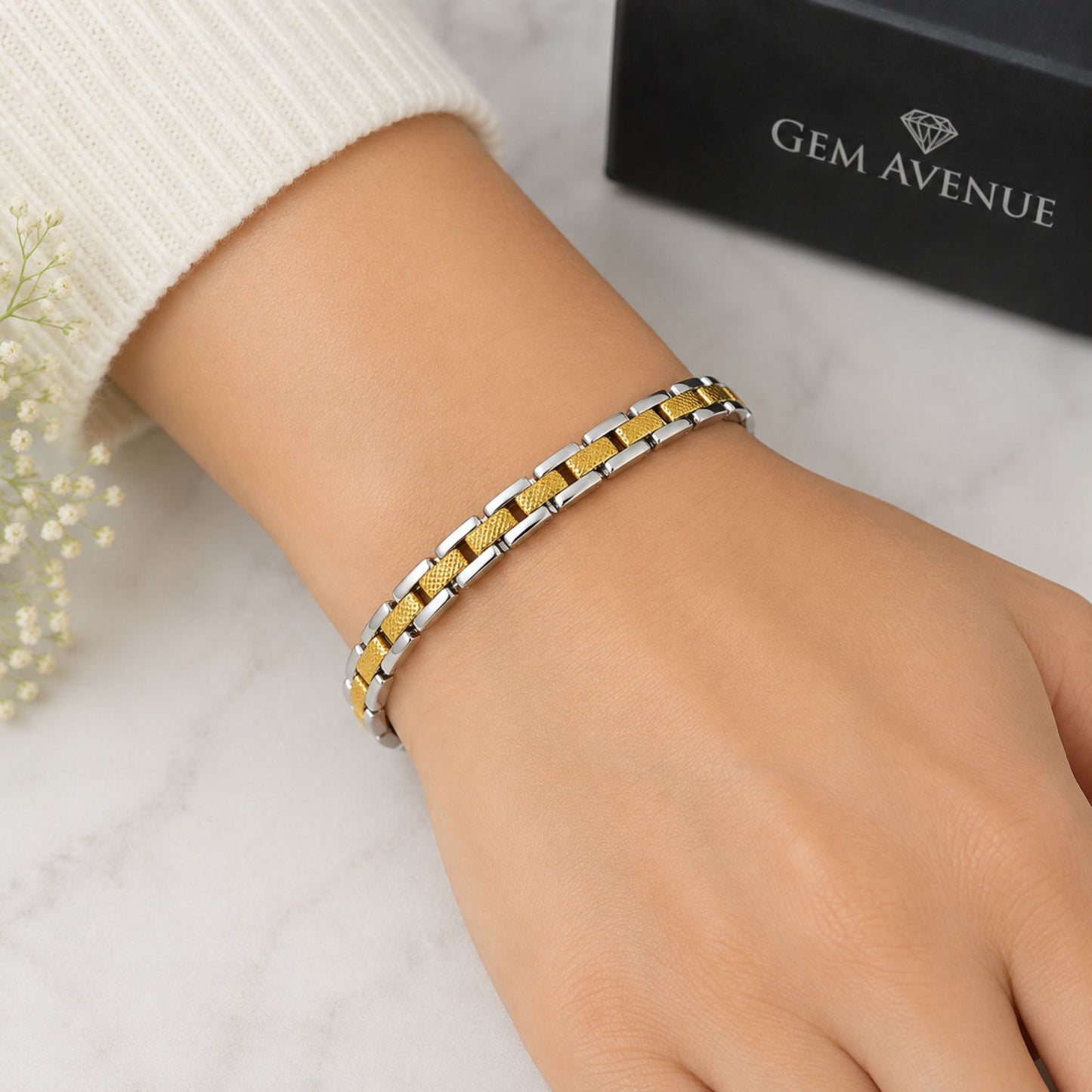 Magnetic Link Therapy Two tone Bracelet 7.5 inch Long Fold over Clasp