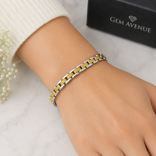 Magnetic Link Therapy Two tone Bracelet 7.5 inch Long Fold over Clasp