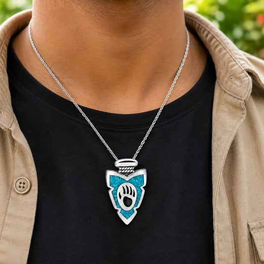 Turquoise Gemstone Inlay Bear Claw Sterling Silver Pendant