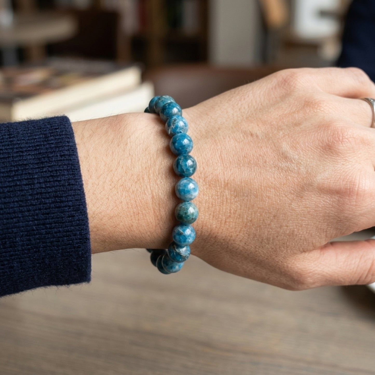 8mm Blue Apatite Round Bead Stretch Bracelet Natural Gemstone Jewelry