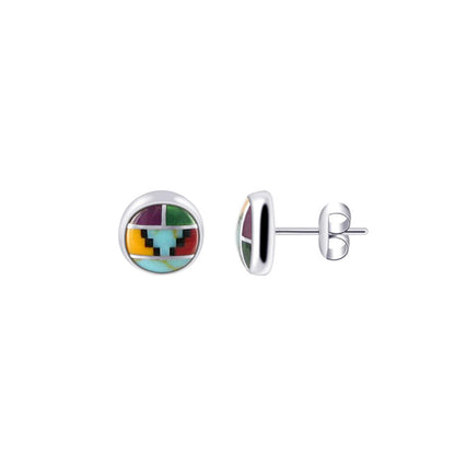 6mm Round Multicolor Simulated Southwestern Style Stud Earrings in 925 Sterling Silver