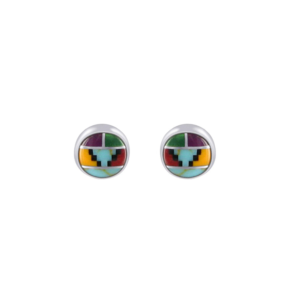 6mm Round Multicolor Simulated Southwestern Style Stud Earrings in 925 Sterling Silver