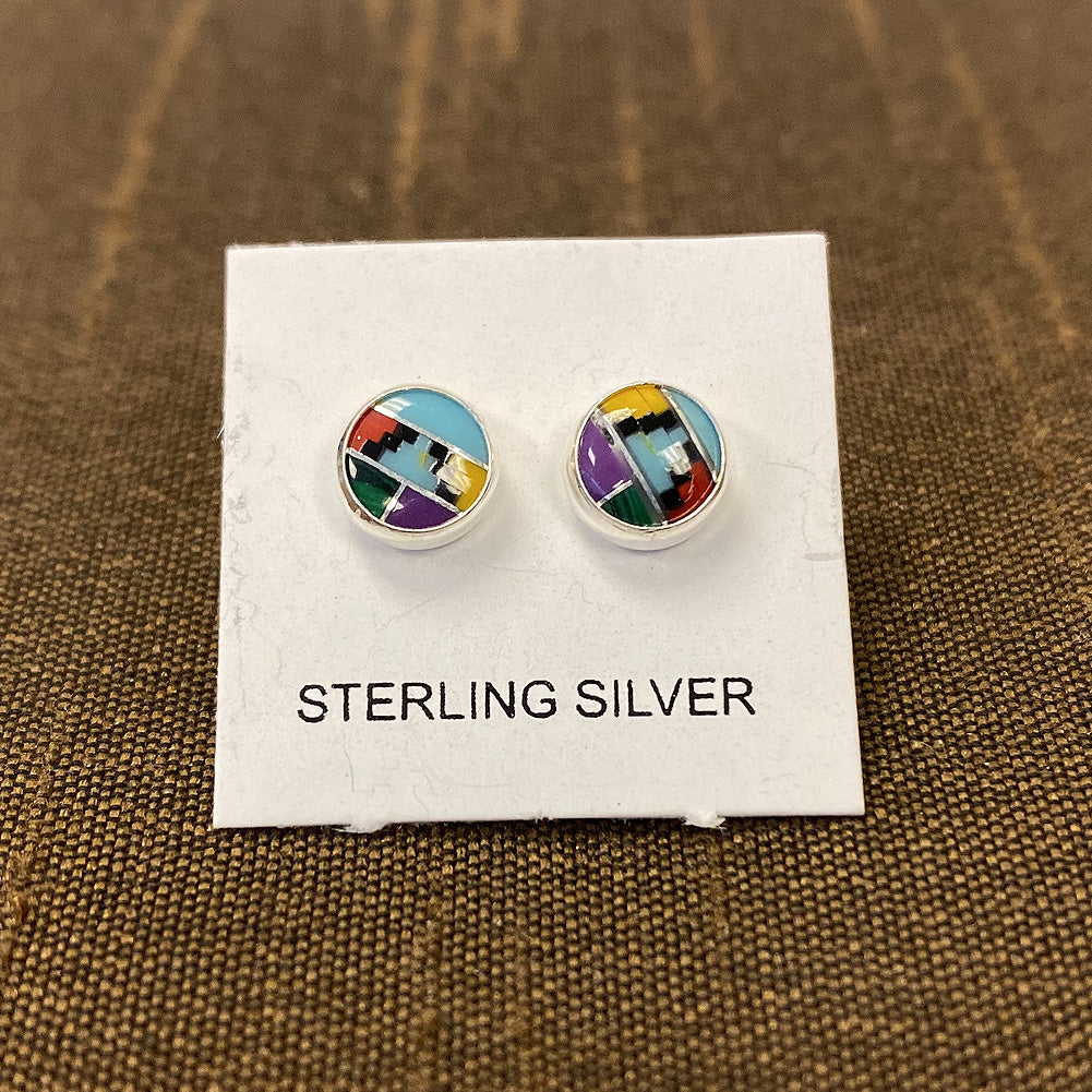 6mm Round Multicolor Simulated Southwestern Style Stud Earrings in 925 Sterling Silver