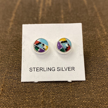 6mm Round Multicolor Simulated Southwestern Style Stud Earrings in 925 Sterling Silver