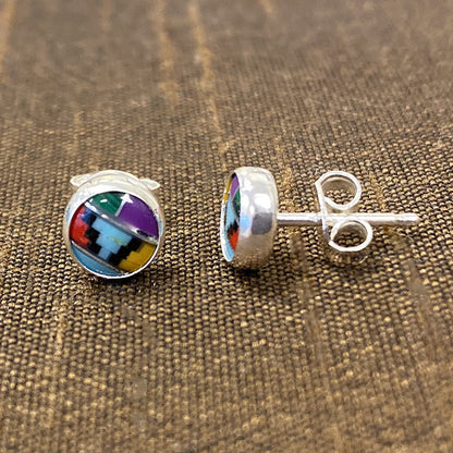 6mm Round Multicolor Simulated Southwestern Style Stud Earrings in 925 Sterling Silver