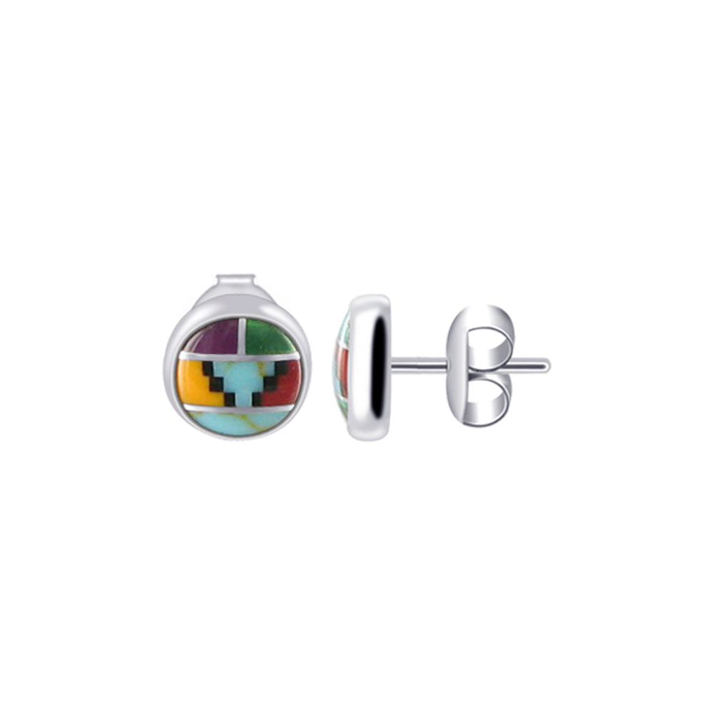 8mm Round Multicolor Simulated Southwestern Style Stud Earrings in 925 Sterling Silver