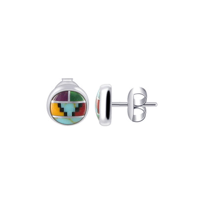 8mm Round Multicolor Simulated Southwestern Style Stud Earrings in 925 Sterling Silver