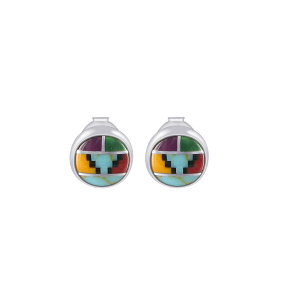 8mm Round Multicolor Simulated Southwestern Style Stud Earrings in 925 Sterling Silver