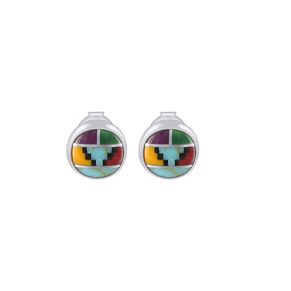 8mm Round Multicolor Simulated Southwestern Style Stud Earrings in 925 Sterling Silver