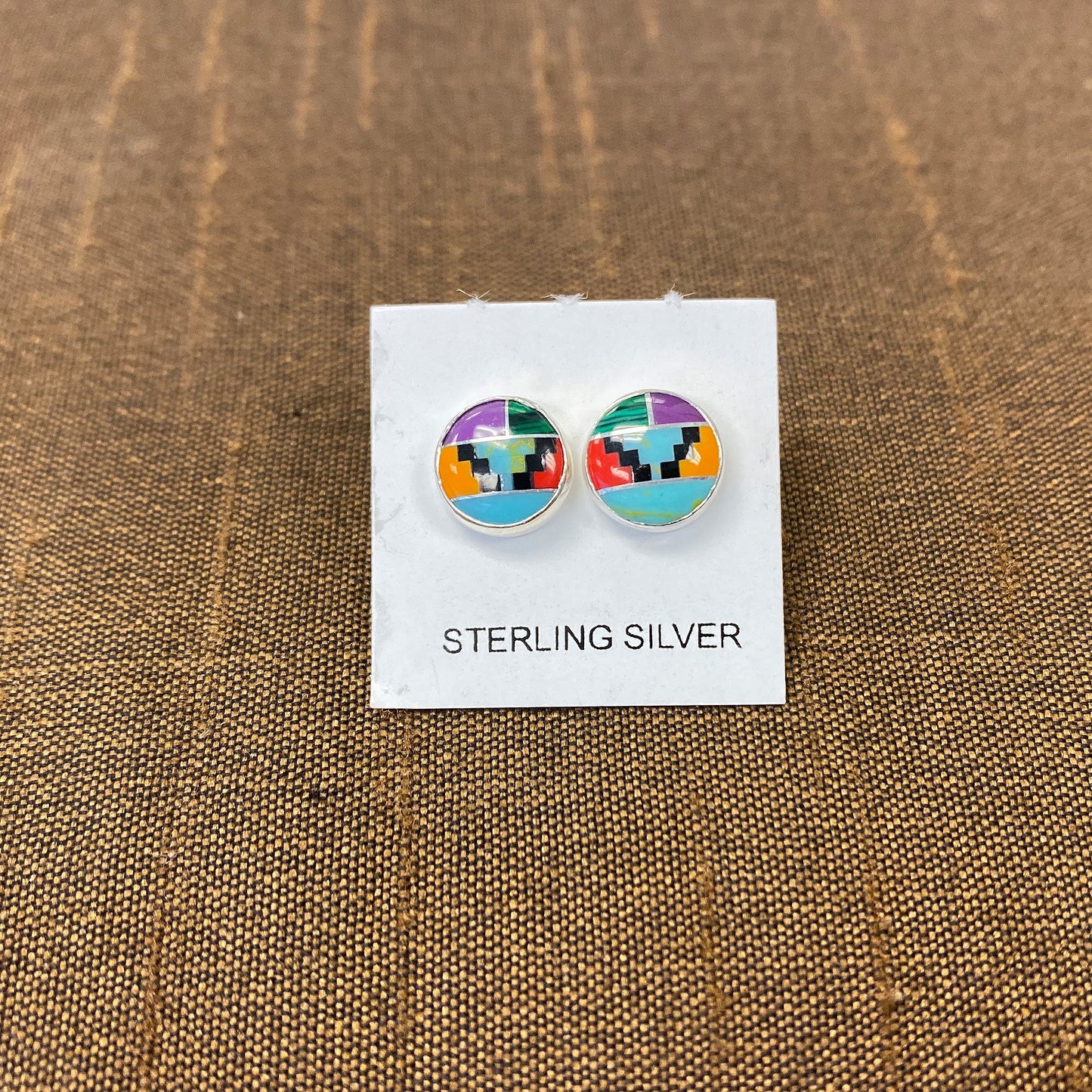 8mm Round Multicolor Simulated Southwestern Style Stud Earrings in 925 Sterling Silver