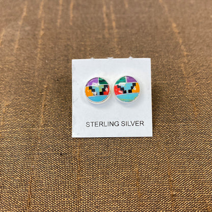 8mm Round Multicolor Simulated Southwestern Style Stud Earrings in 925 Sterling Silver