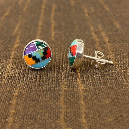 8mm Round Multicolor Simulated Southwestern Style Stud Earrings in 925 Sterling Silver