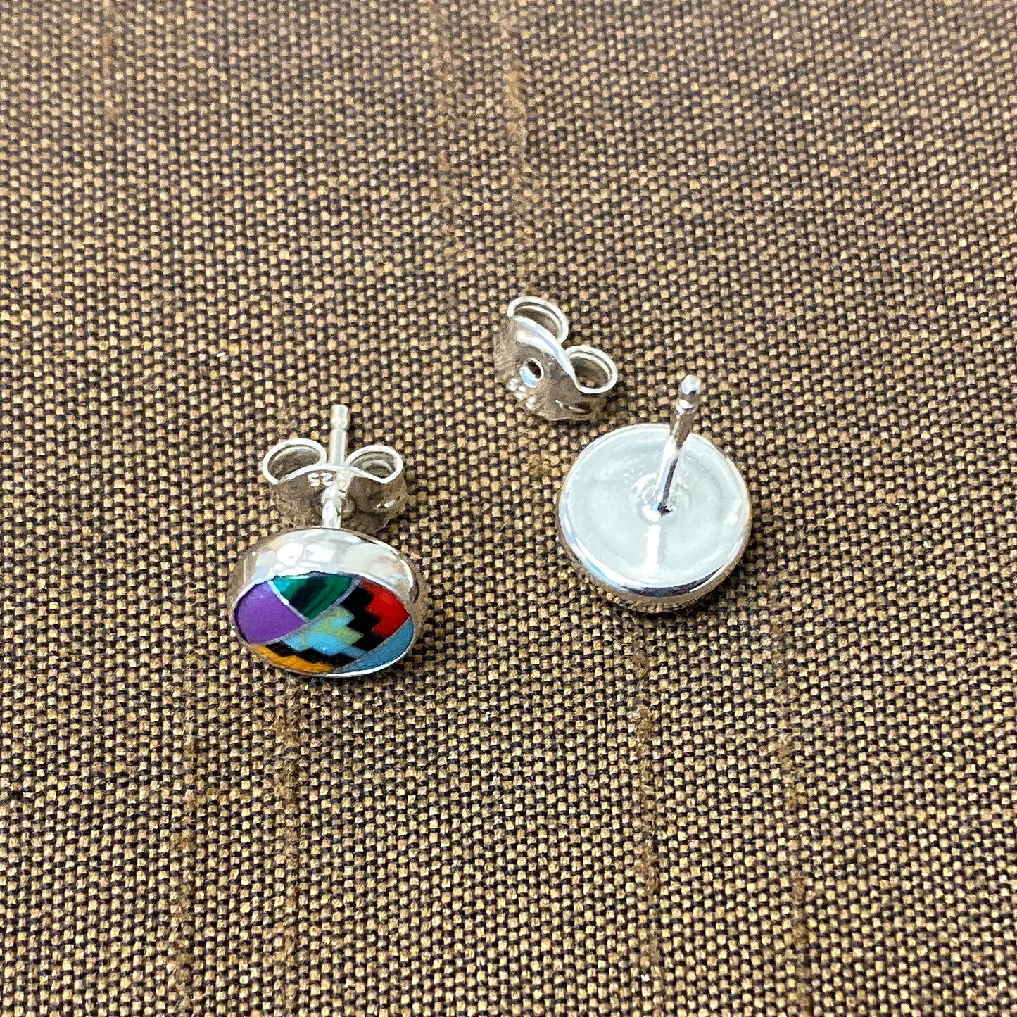 8mm Round Multicolor Simulated Southwestern Style Stud Earrings in 925 Sterling Silver