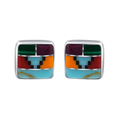 8mm Square Multicolor Southwestern Style Stud Earrings in .925 Sterling Silver
