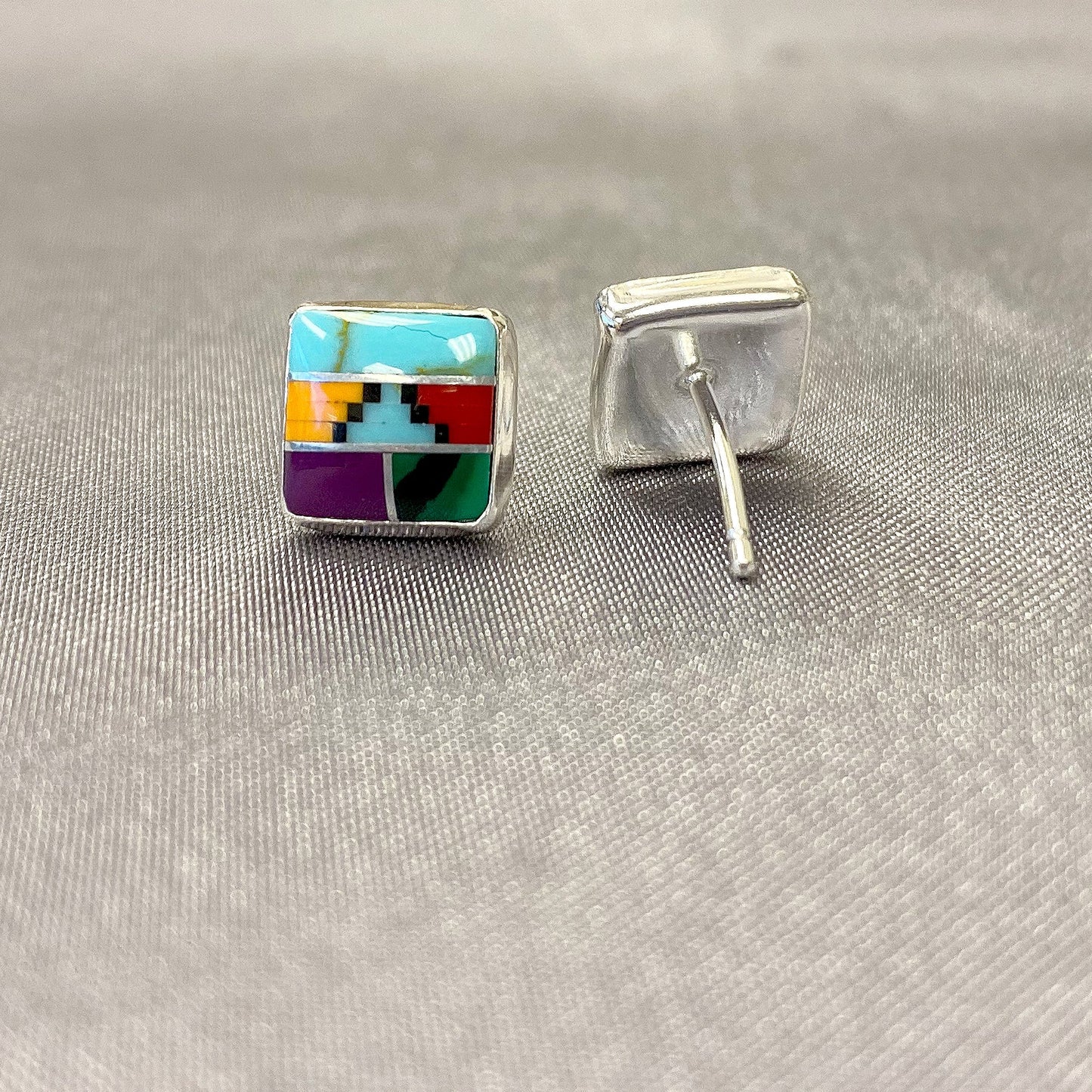 8mm Square Multicolor Southwestern Style Stud Earrings in .925 Sterling Silver