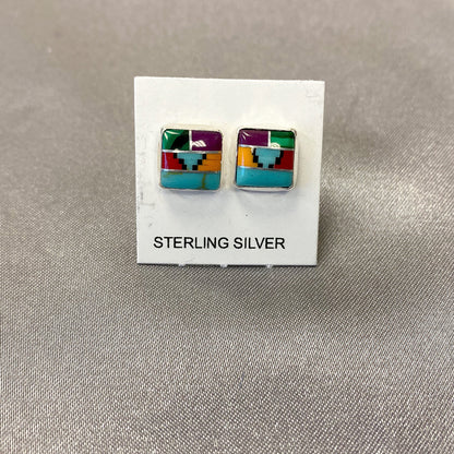 8mm Square Multicolor Southwestern Style Stud Earrings in .925 Sterling Silver