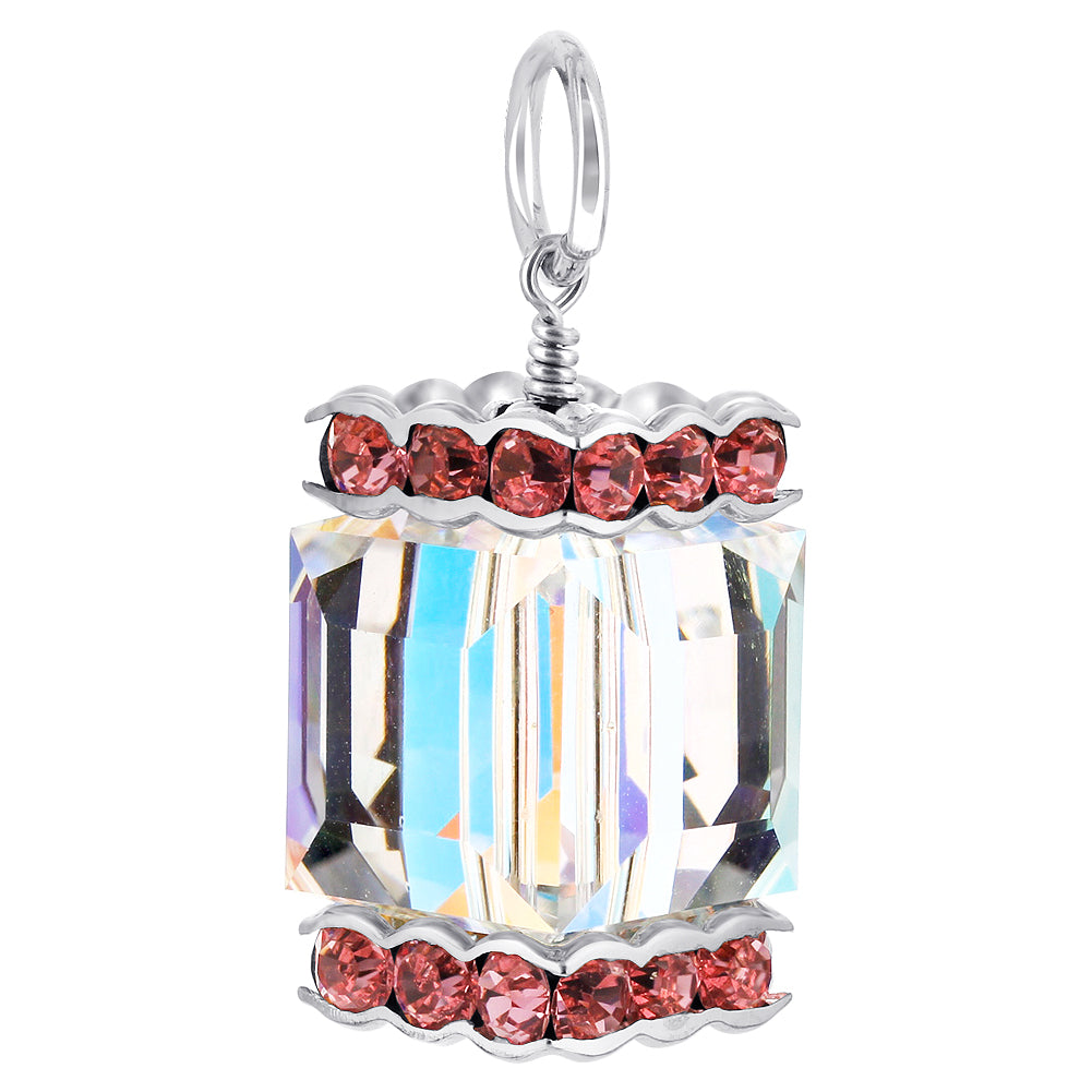 .925 Sterling Silver Pendant with Cube Austrian Crystal and Rondelle Beads
