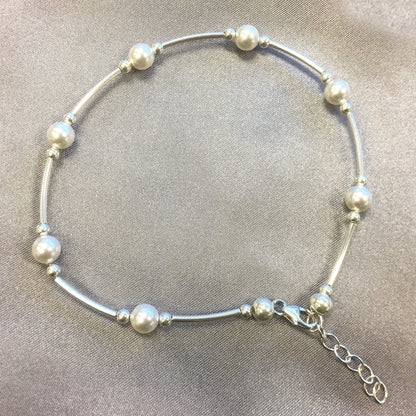 .925 Sterling Silver Pearl Anklet Ankle Bracelet