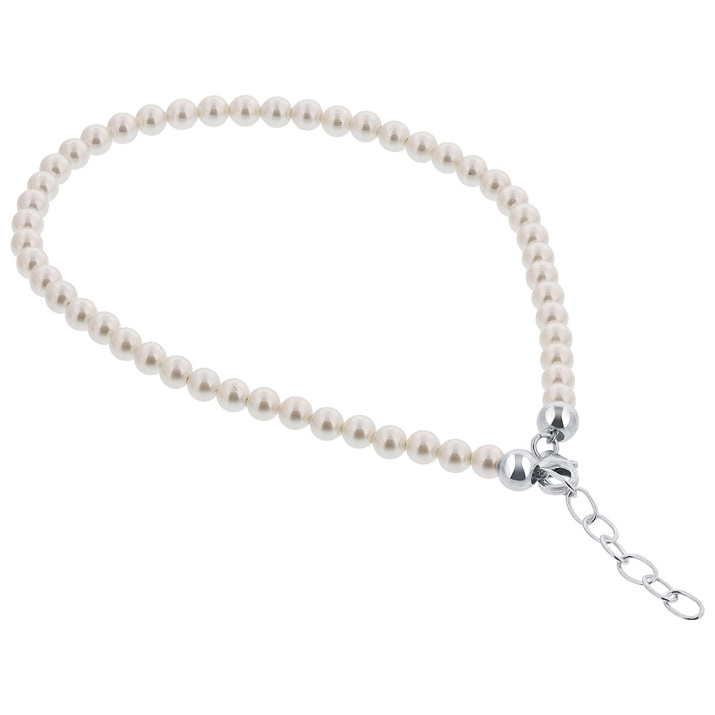.925 Silver Round Faux Pearl Adjustable Anklet with 9 to 10 inch Long