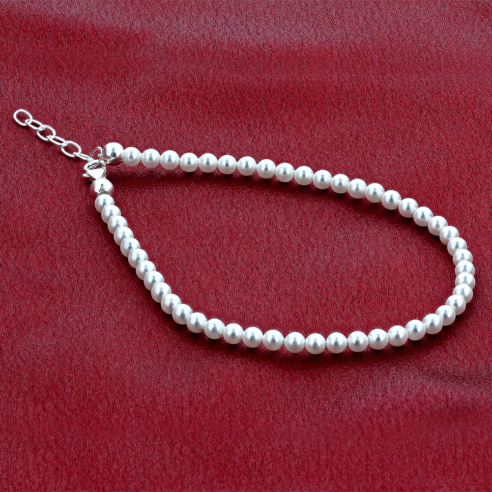 .925 Silver Round Faux Pearl Adjustable Anklet with 9 to 10 inch Long