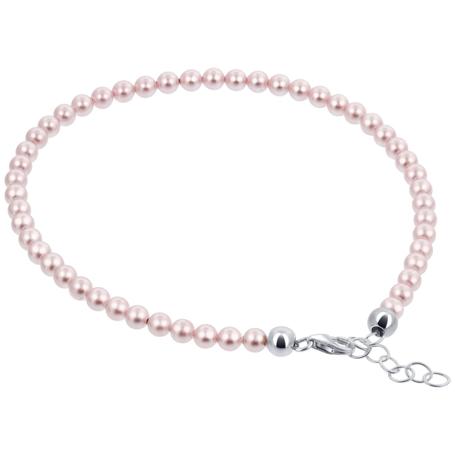.925 Silver Round Faux Pearl Adjustable Anklet with 9 to 10 inch Long