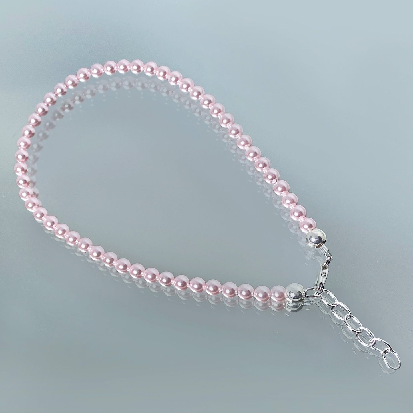 .925 Silver Round Faux Pearl Adjustable Anklet with 9 to 10 inch Long