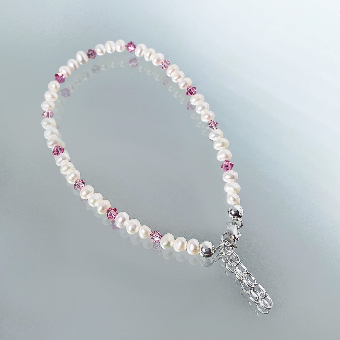 .925 Silver Anklet with Pearl and Austrian Crystals 9 to 10 Inch Long