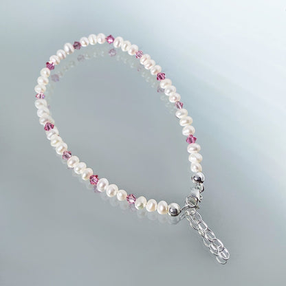 .925 Silver Anklet with Pearl and Austrian Crystals 9 to 10 Inch Long