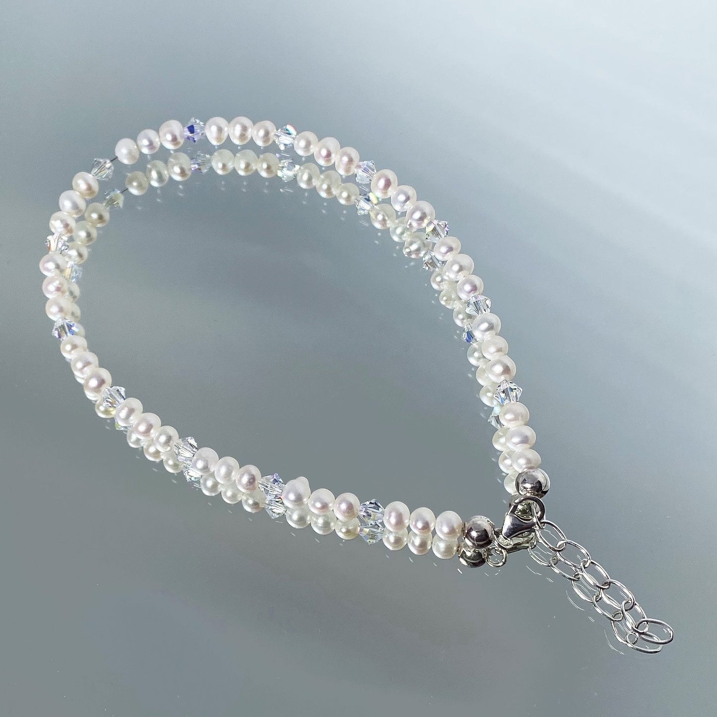 .925 Silver Anklet with Pearl and Austrian Crystals 9 to 10 Inch Long