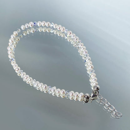 .925 Silver Anklet with Pearl and Austrian Crystals 9 to 10 Inch Long