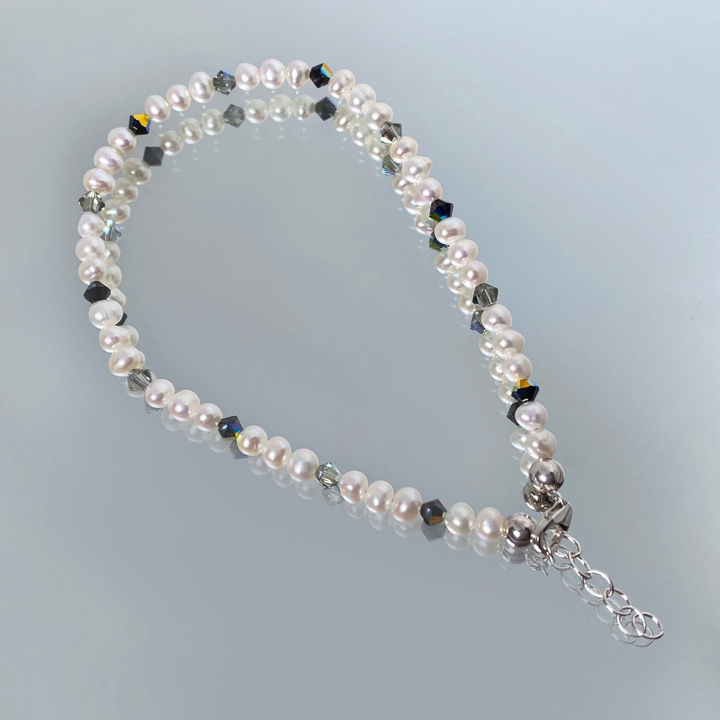 .925 Silver Anklet with Pearl and Austrian Crystals 9 to 10 Inch Long