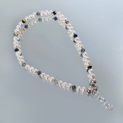 .925 Silver Anklet with Pearl and Austrian Crystals 9 to 10 Inch Long