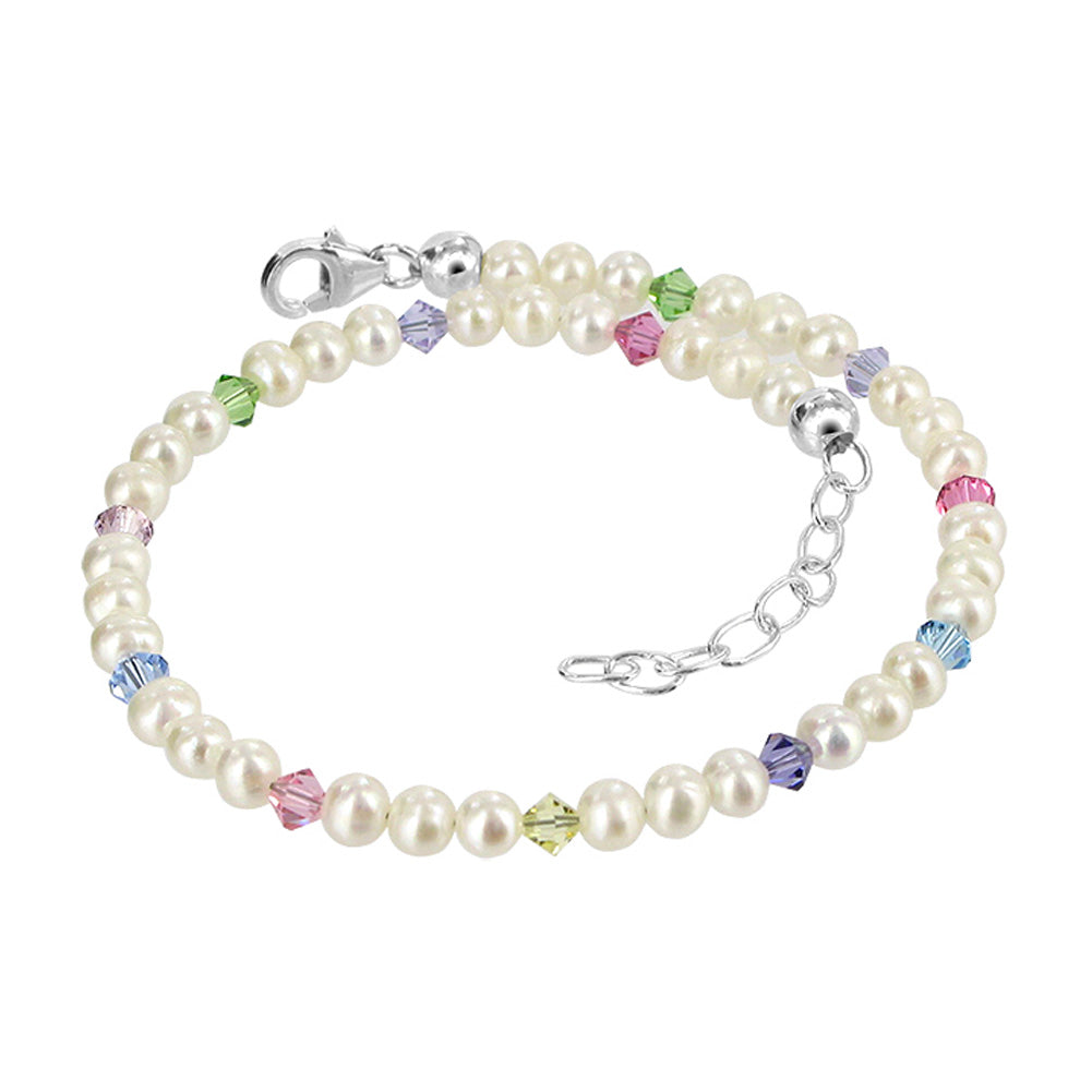 .925 Silver Anklet with Pearl and Austrian Crystals 9 to 10 Inch Long