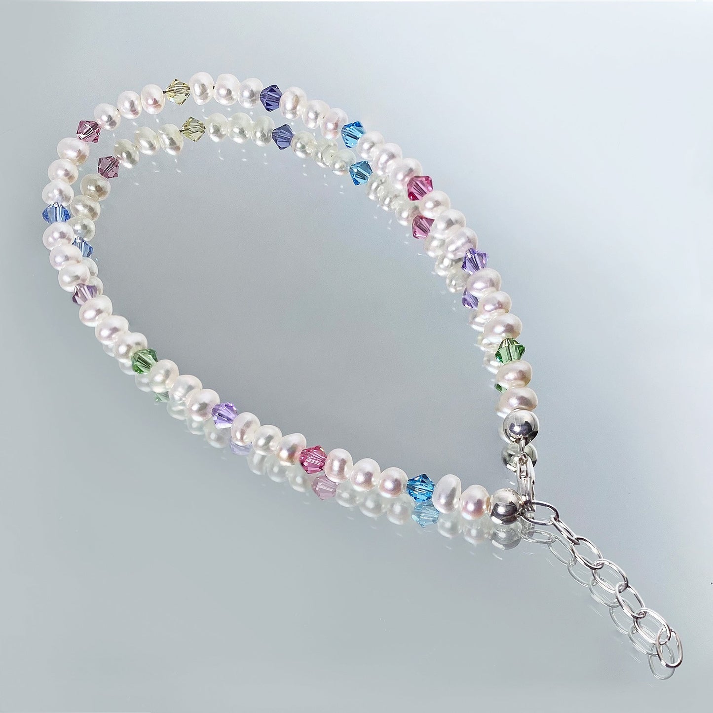 .925 Silver Anklet with Pearl and Austrian Crystals 9 to 10 Inch Long