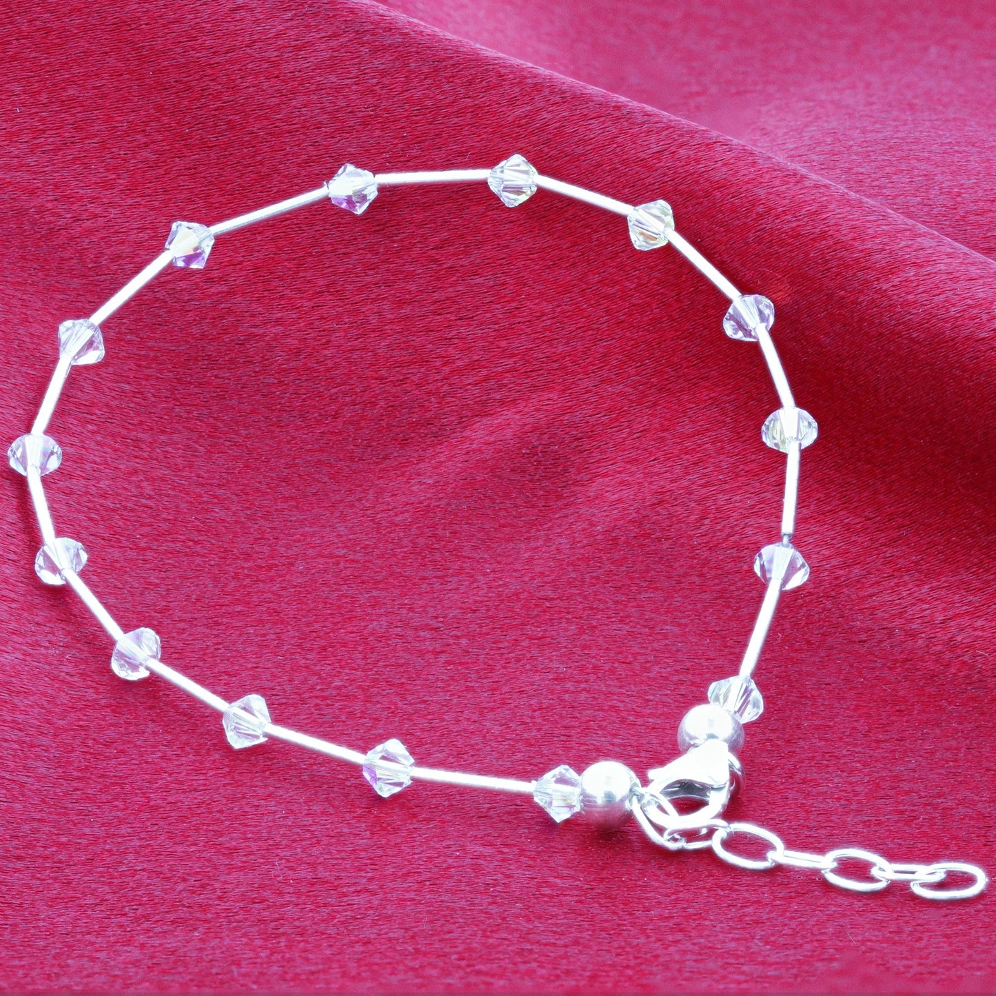 .925 Sterling Silver Anklet 8.5 to 10 Inch Long with Austrian Crystals