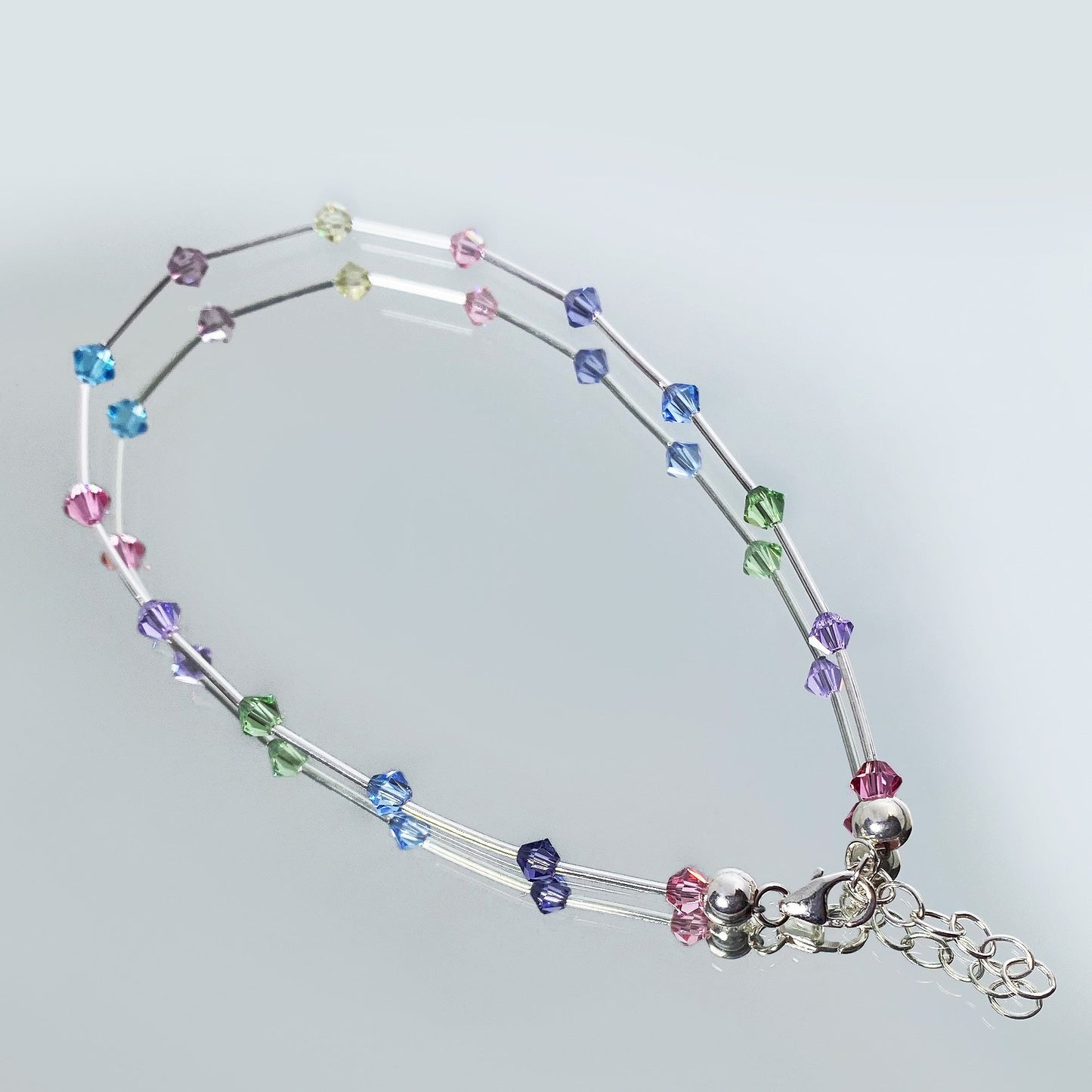 .925 Sterling Silver Anklet 8.5 to 10 Inch Long with Austrian Crystals