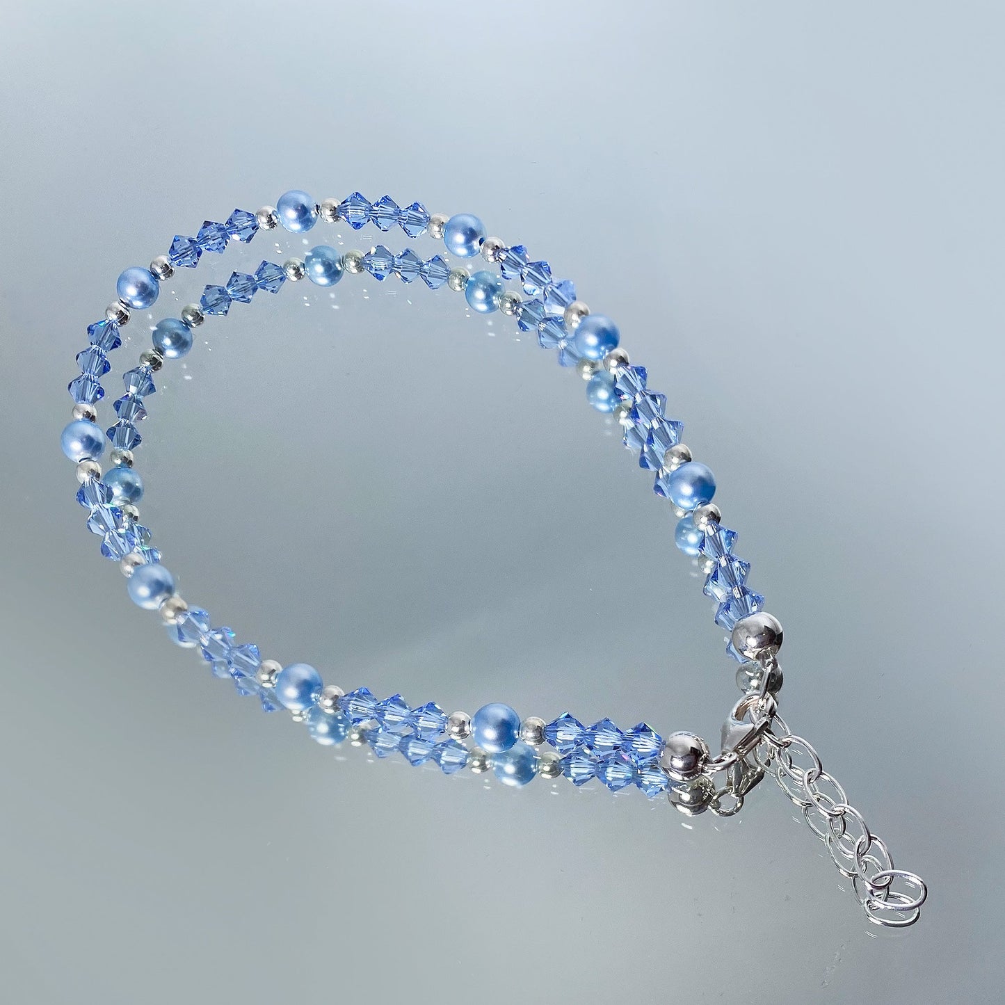 Sterling Silver Anklet 8.5 to 10 inch with Pearl & Austrian Crystals